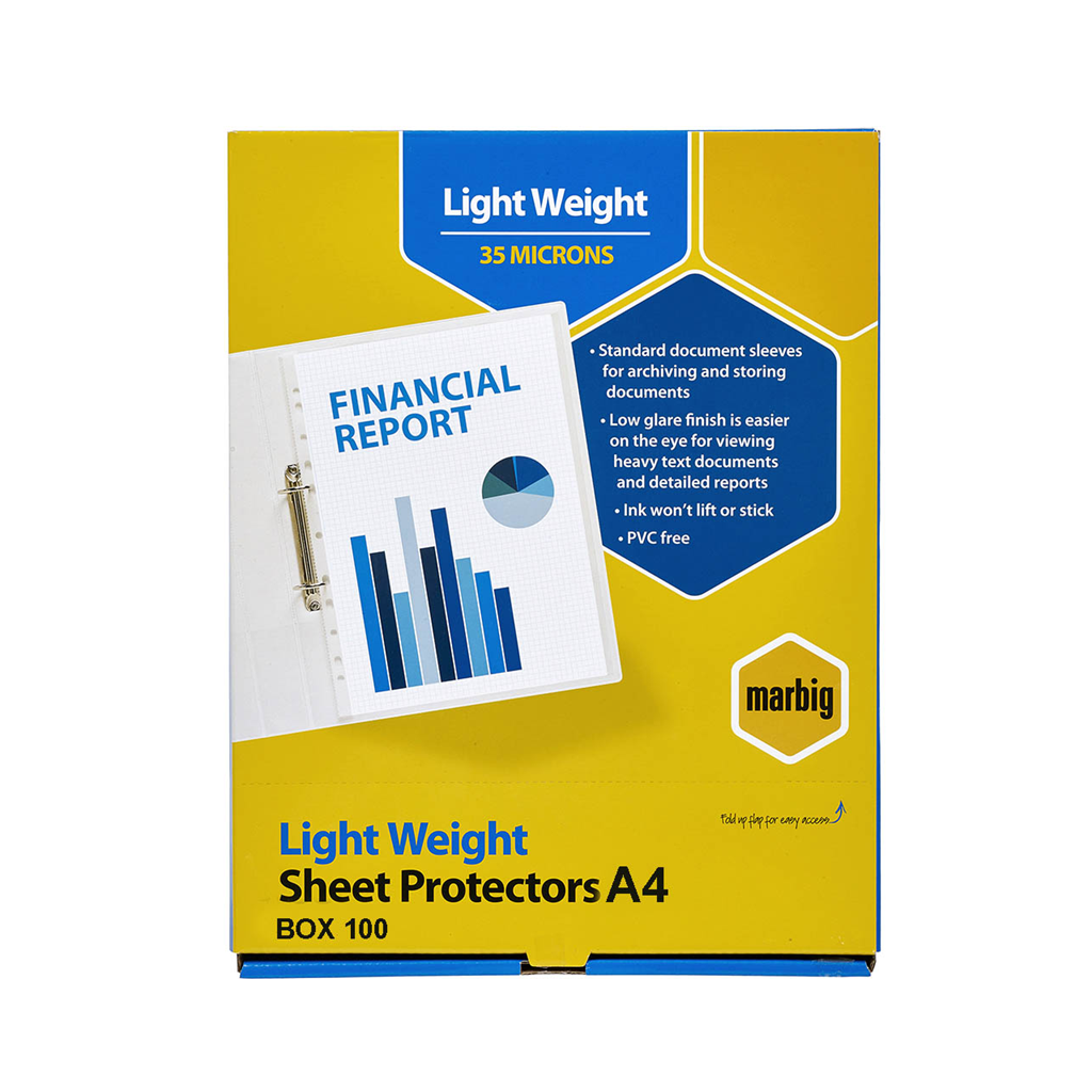 MARBIG SHEET PROTECTORS LIGHTWEIGHT A4 100BX